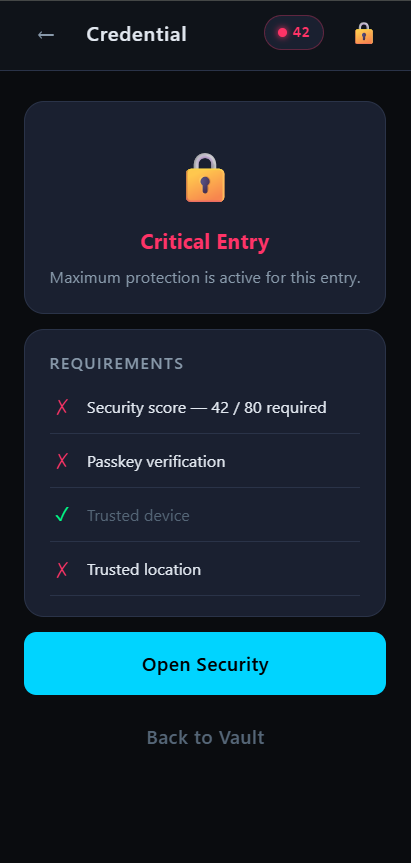 VaultMaster Critical Entry screen listing unmet requirements before granting access