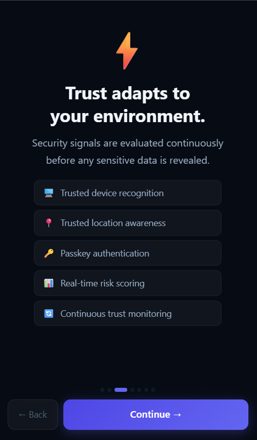 VaultMaster onboarding screen explaining that trust adapts to your environment