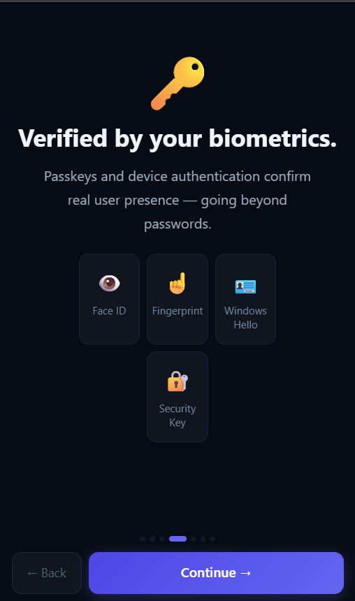 VaultMaster onboarding screen listing Face ID, fingerprint, Windows Hello, and security key options