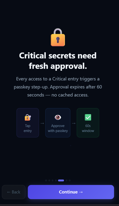 VaultMaster onboarding screen describing the Critical entry passkey step-up approval flow