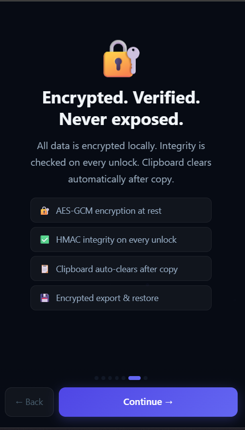 VaultMaster onboarding screen listing AES-GCM encryption, HMAC integrity, and clipboard auto-clear