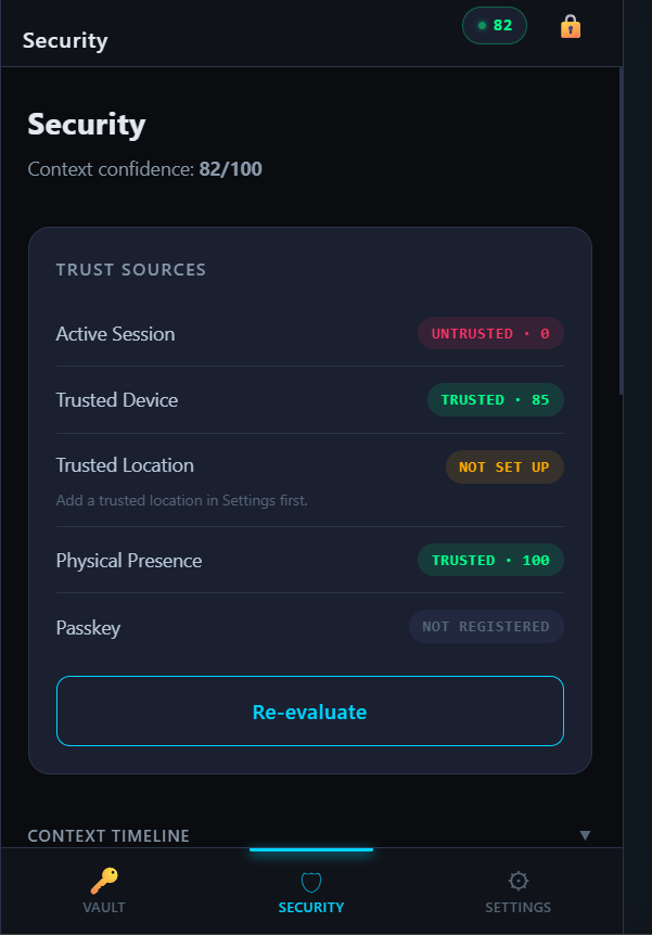 VaultMaster Security screen listing trust sources: active session, trusted device, trusted location, physical presence, and passkey