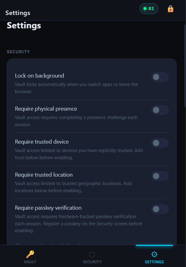 VaultMaster Settings screen listing a trusted Windows device and trusted locations